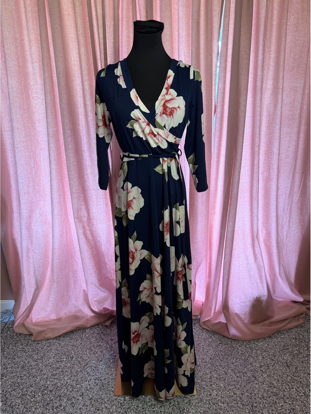 Hello Miz Floral Print Navy Wrap Maxi Dress Size L